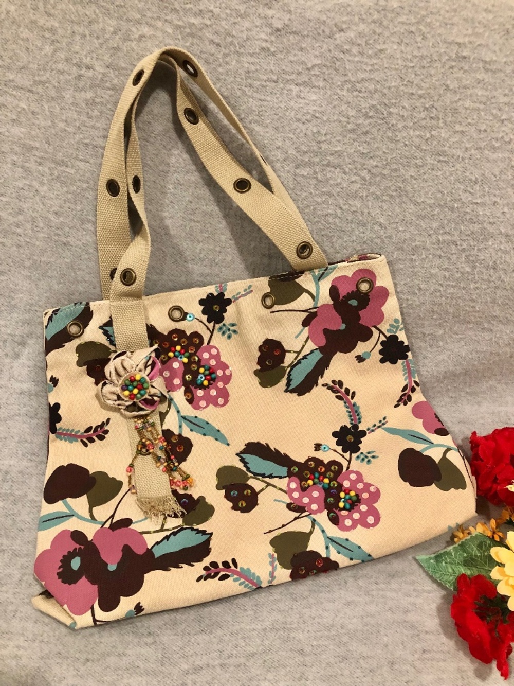 NWOT - Colorful Floral Canvas Bag with Sequins & Beads